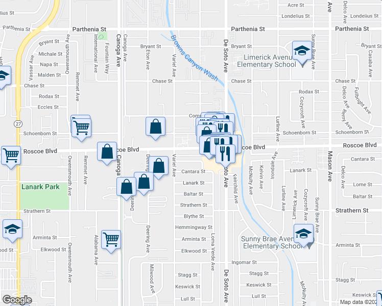 map of restaurants, bars, coffee shops, grocery stores, and more near 21024 Roscoe Boulevard in Los Angeles