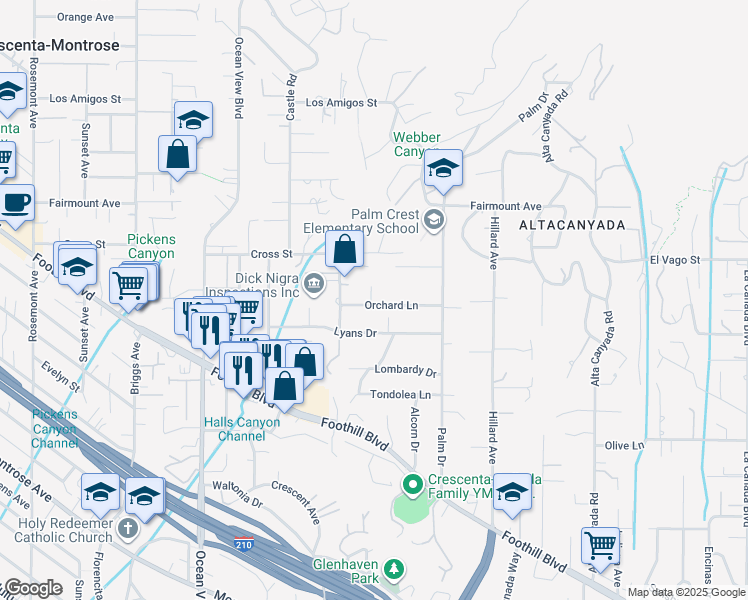 map of restaurants, bars, coffee shops, grocery stores, and more near in La Cañada Flintridge