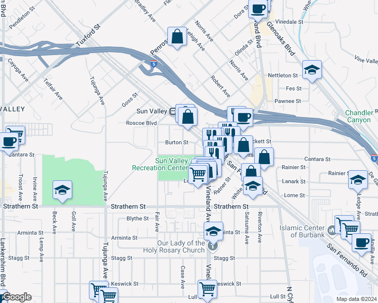 map of restaurants, bars, coffee shops, grocery stores, and more near 11047 Cantara Street in Los Angeles