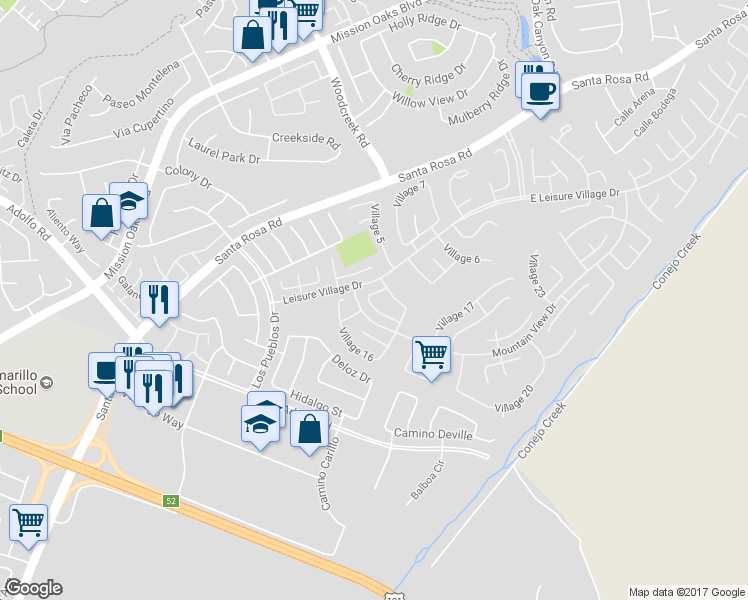 map of restaurants, bars, coffee shops, grocery stores, and more near 4211 Village 4 in Camarillo