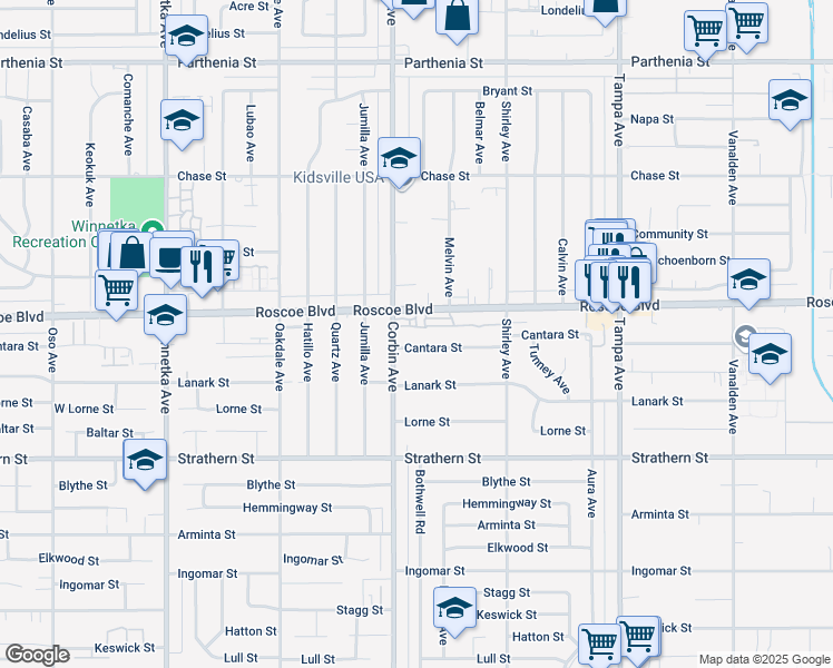 map of restaurants, bars, coffee shops, grocery stores, and more near 19631 Cantara Street in Los Angeles