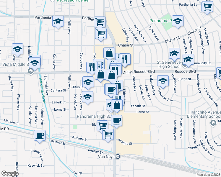 map of restaurants, bars, coffee shops, grocery stores, and more near 8161 Van Nuys Boulevard in Los Angeles