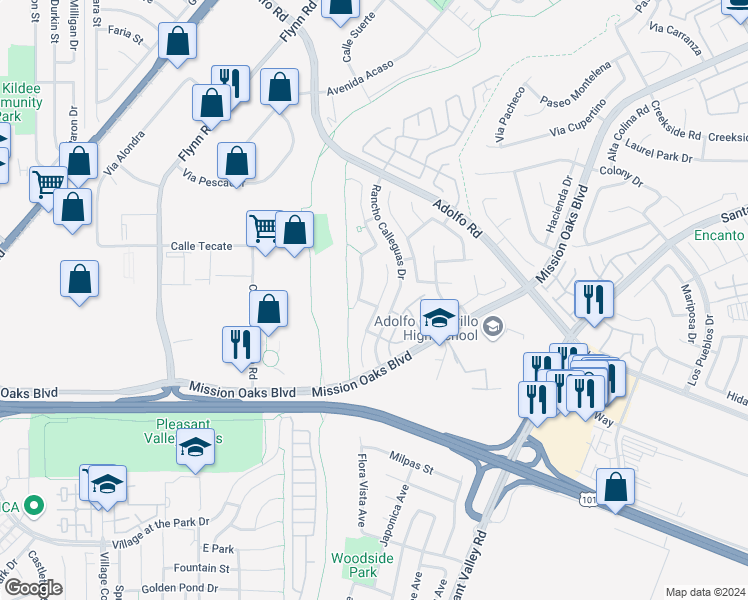 map of restaurants, bars, coffee shops, grocery stores, and more near 353 Via Olivera in Camarillo