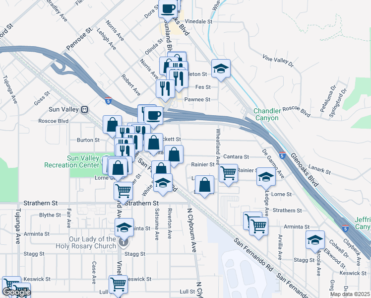 map of restaurants, bars, coffee shops, grocery stores, and more near 8214 North Clybourn Avenue in Los Angeles