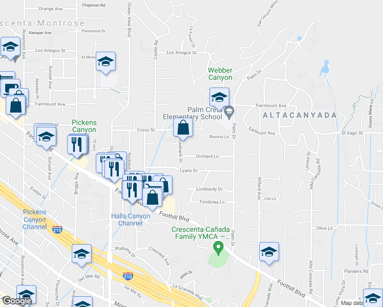 map of restaurants, bars, coffee shops, grocery stores, and more near 2033 Orchard Lane in La Cañada Flintridge