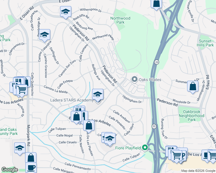 map of restaurants, bars, coffee shops, grocery stores, and more near 2936 Rollings Avenue in Thousand Oaks