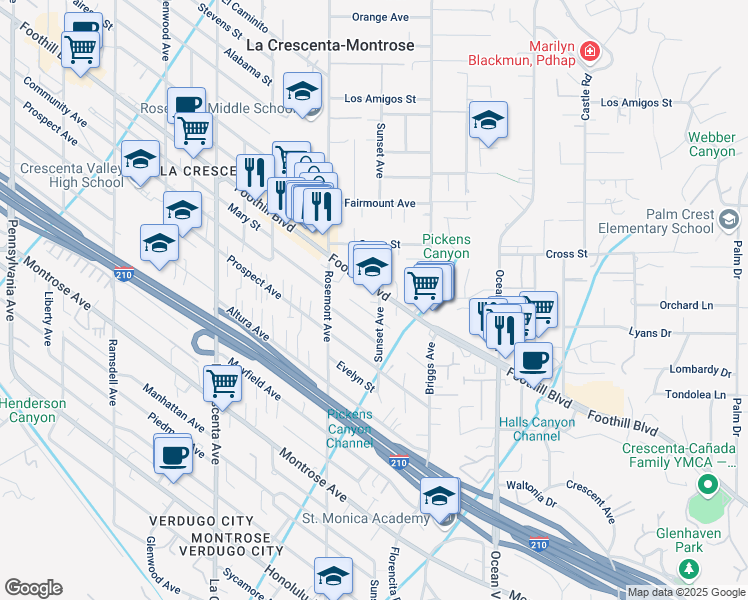 map of restaurants, bars, coffee shops, grocery stores, and more near 2506 Foothill Boulevard in La Crescenta-Montrose