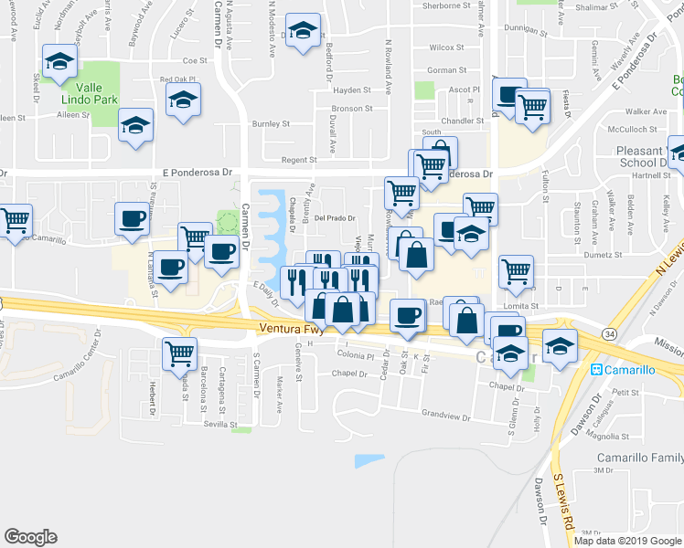 map of restaurants, bars, coffee shops, grocery stores, and more near 304 Capistrano Court in Camarillo
