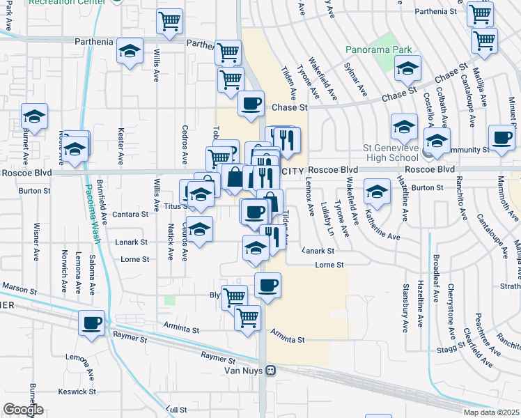 map of restaurants, bars, coffee shops, grocery stores, and more near 8161 Van Nuys Boulevard in Los Angeles