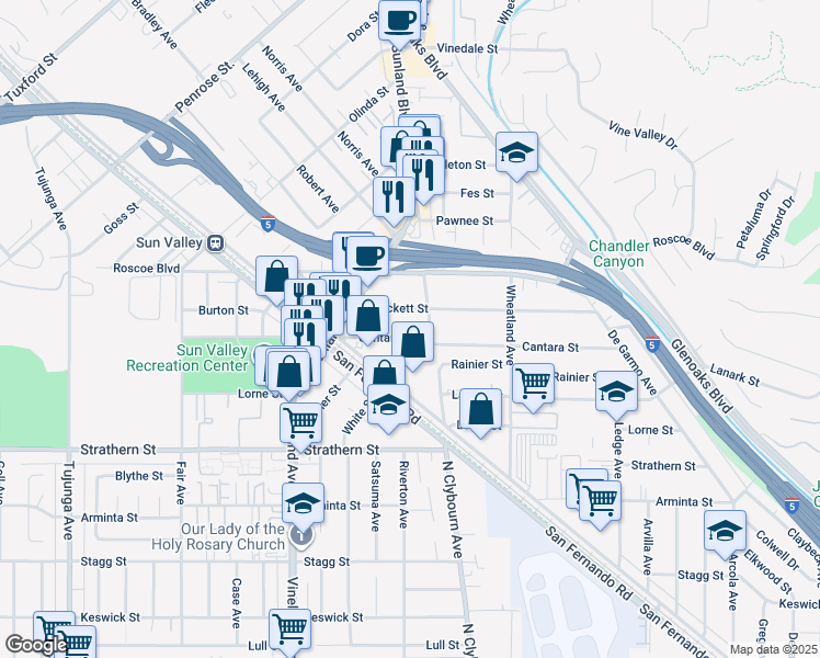 map of restaurants, bars, coffee shops, grocery stores, and more near 10823 Cantara Street in Los Angeles