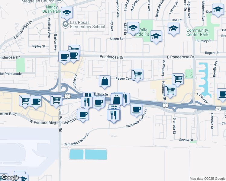 map of restaurants, bars, coffee shops, grocery stores, and more near 601 East Daily Drive in Camarillo