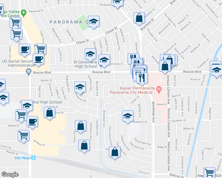 map of restaurants, bars, coffee shops, grocery stores, and more near 8140 Redbush Lane in Los Angeles