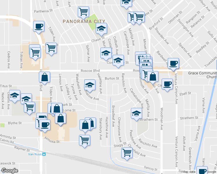map of restaurants, bars, coffee shops, grocery stores, and more near 8246 Redbush Lane in Los Angeles