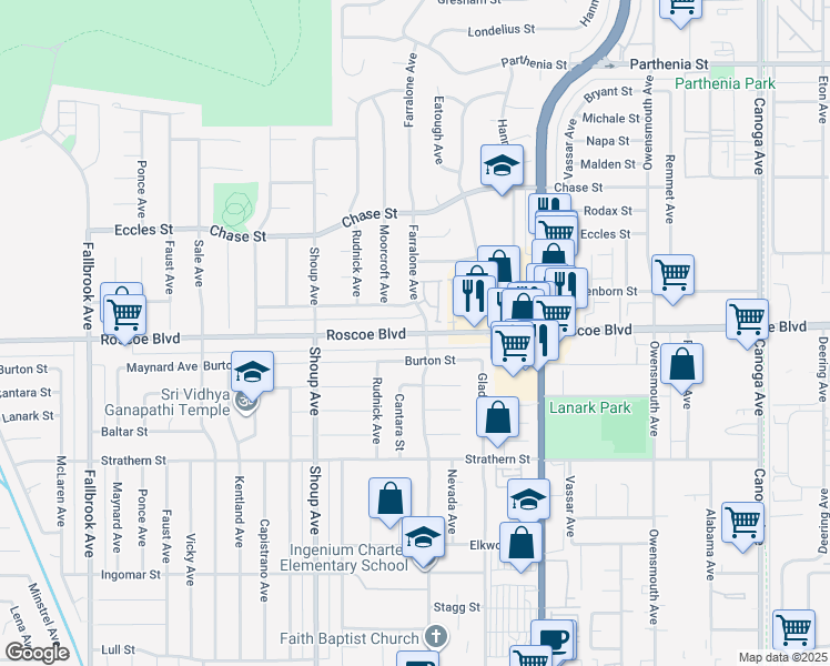map of restaurants, bars, coffee shops, grocery stores, and more near 22212 Roscoe Boulevard in Los Angeles