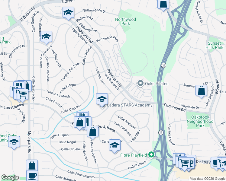 map of restaurants, bars, coffee shops, grocery stores, and more near 2957 Rollings Avenue in Thousand Oaks