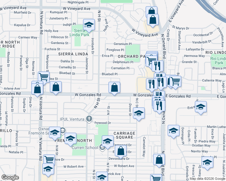 map of restaurants, bars, coffee shops, grocery stores, and more near 900 Ginger Street in Oxnard