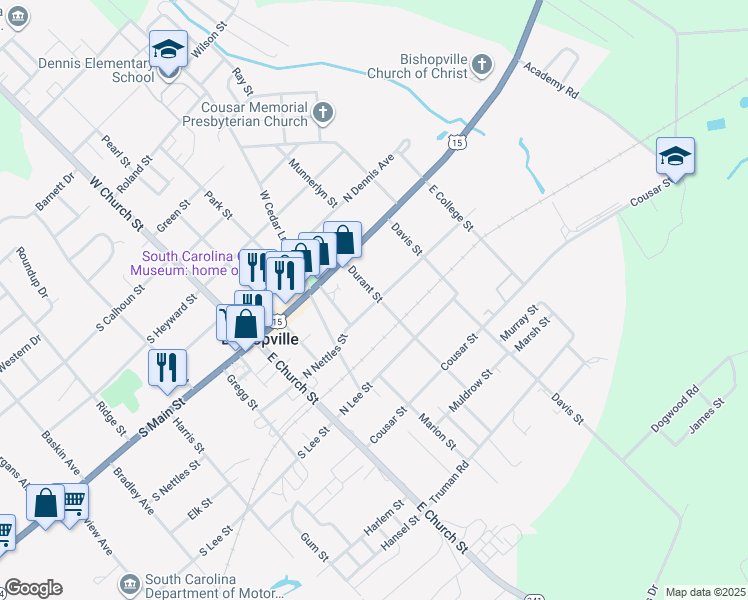 map of restaurants, bars, coffee shops, grocery stores, and more near 128 Durant Street in Bishopville
