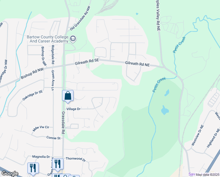 map of restaurants, bars, coffee shops, grocery stores, and more near 133 Evergreen Trail Southeast in Cartersville
