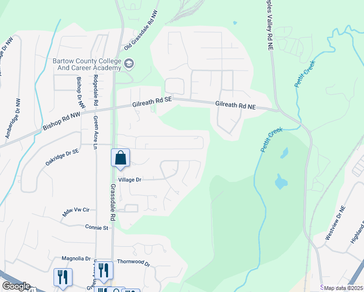 map of restaurants, bars, coffee shops, grocery stores, and more near 125 Evergreen Trail Southeast in Cartersville
