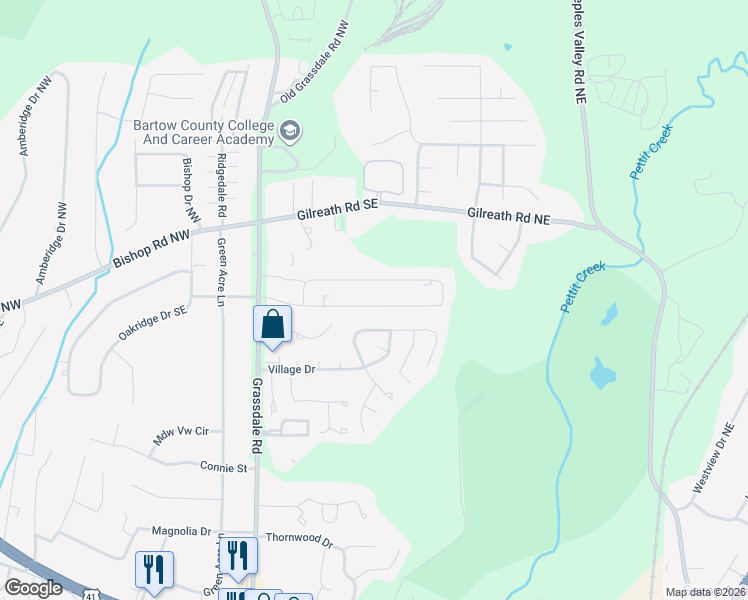 map of restaurants, bars, coffee shops, grocery stores, and more near 119 Evergreen Trail Southeast in Cartersville