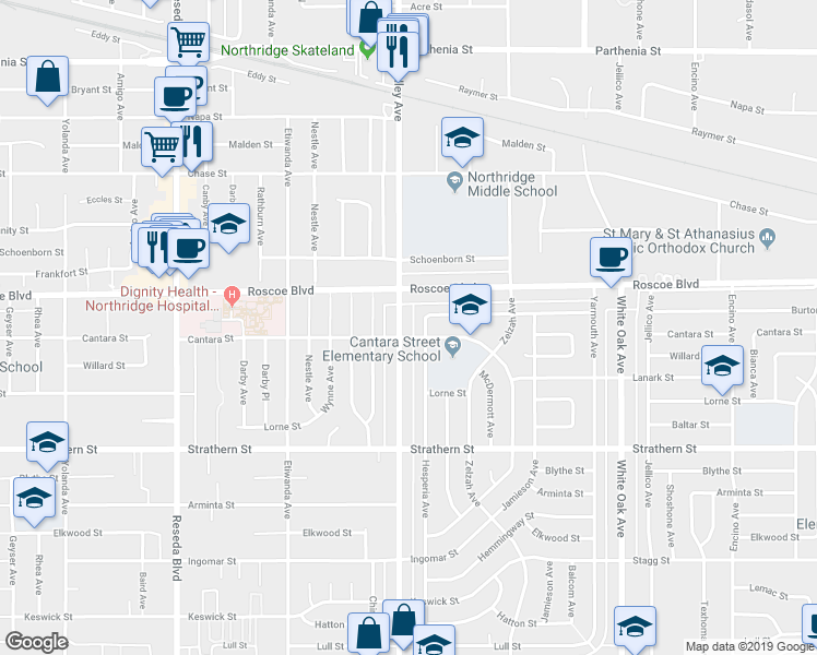 map of restaurants, bars, coffee shops, grocery stores, and more near 8206 Lindley Ave in Los Angeles