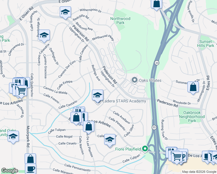 map of restaurants, bars, coffee shops, grocery stores, and more near 2936 Rollings Avenue in Thousand Oaks