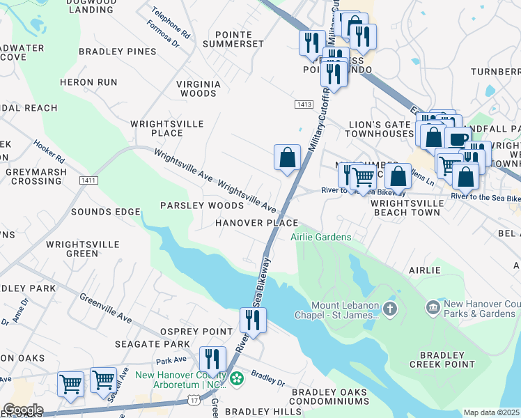 map of restaurants, bars, coffee shops, grocery stores, and more near 6328 Wrightsville Avenue in Wilmington