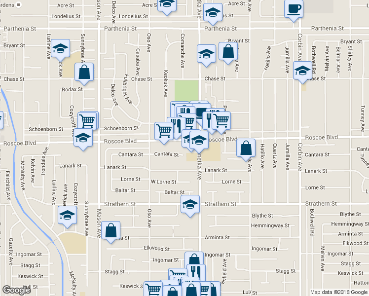 map of restaurants, bars, coffee shops, grocery stores, and more near 20138 Roscoe Boulevard in Los Angeles