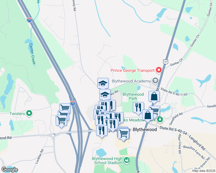 map of restaurants, bars, coffee shops, grocery stores, and more near 301 Oakhurst Place in Blythewood