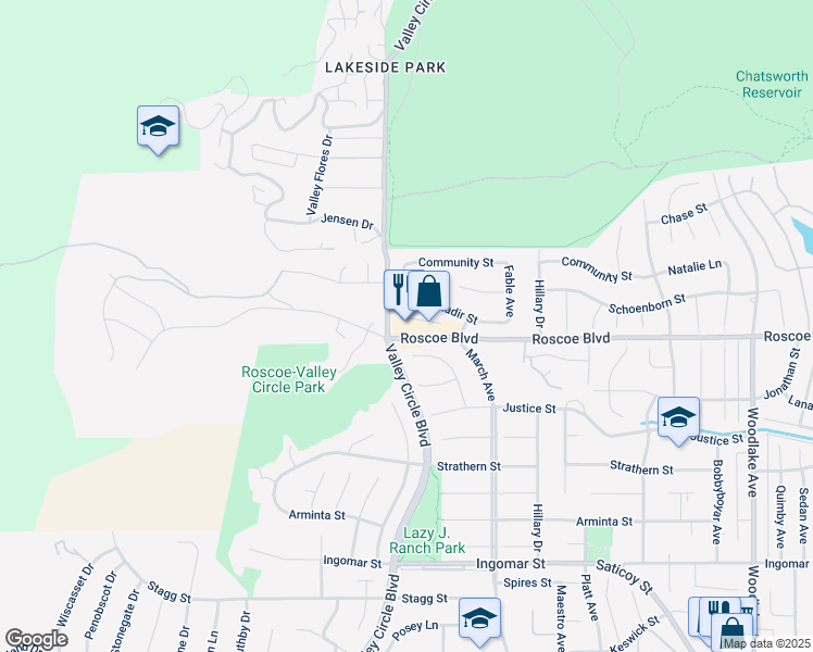 map of restaurants, bars, coffee shops, grocery stores, and more near 23759 Roscoe Boulevard in Los Angeles