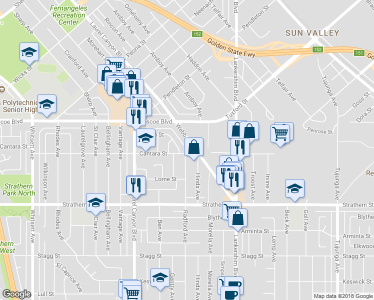 map of restaurants, bars, coffee shops, grocery stores, and more near 11865 Cantara Street in Los Angeles
