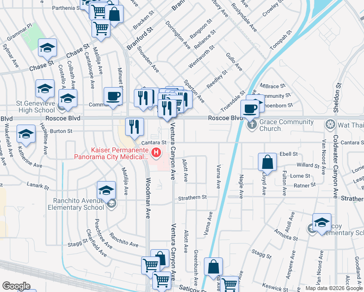 map of restaurants, bars, coffee shops, grocery stores, and more near 13538 Cantara Street in Los Angeles