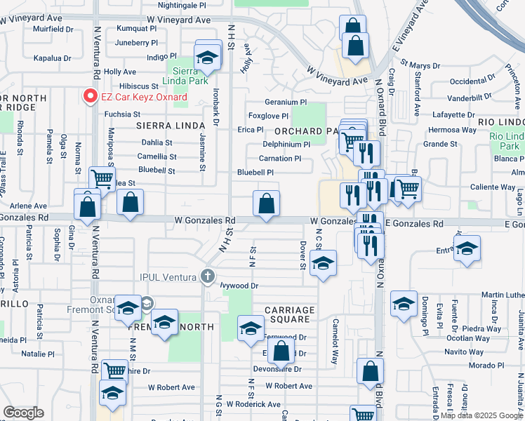 map of restaurants, bars, coffee shops, grocery stores, and more near 620 West Gonzales Road in Oxnard