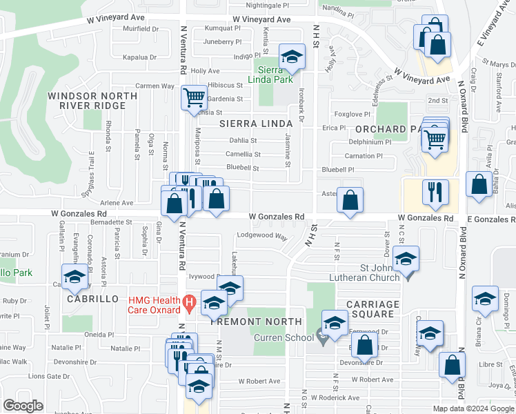 map of restaurants, bars, coffee shops, grocery stores, and more near 1910 Lantana Street in Oxnard