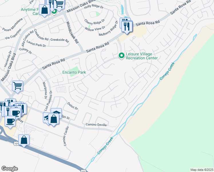 map of restaurants, bars, coffee shops, grocery stores, and more near 17131 Village 17 in Camarillo