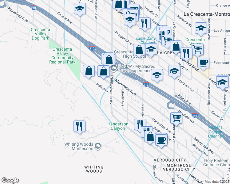 map of restaurants, bars, coffee shops, grocery stores, and more near 3960 Pennsylvania Avenue in Glendale
