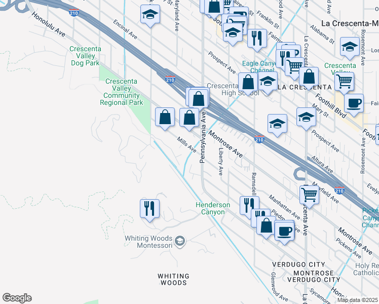 map of restaurants, bars, coffee shops, grocery stores, and more near 3226 Mills Avenue in Glendale