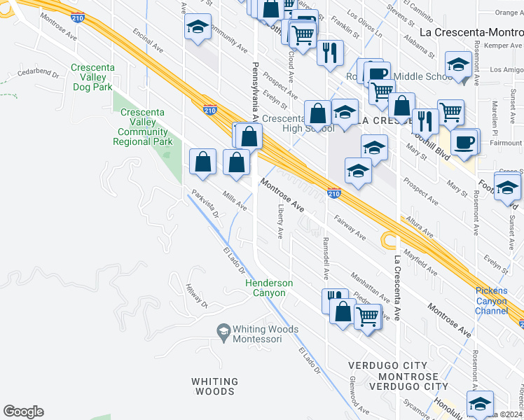 map of restaurants, bars, coffee shops, grocery stores, and more near 3960 Pennsylvania Avenue in Glendale