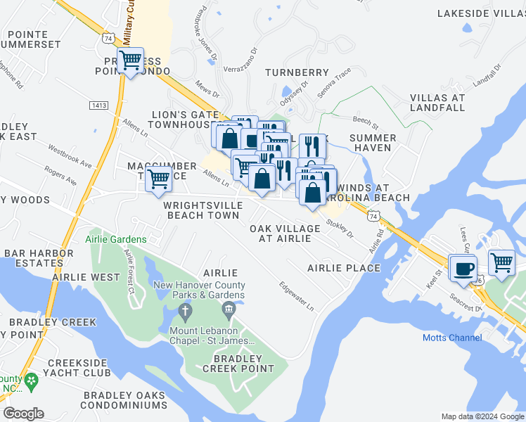 map of restaurants, bars, coffee shops, grocery stores, and more near 1805 Barkley Avenue in Wilmington