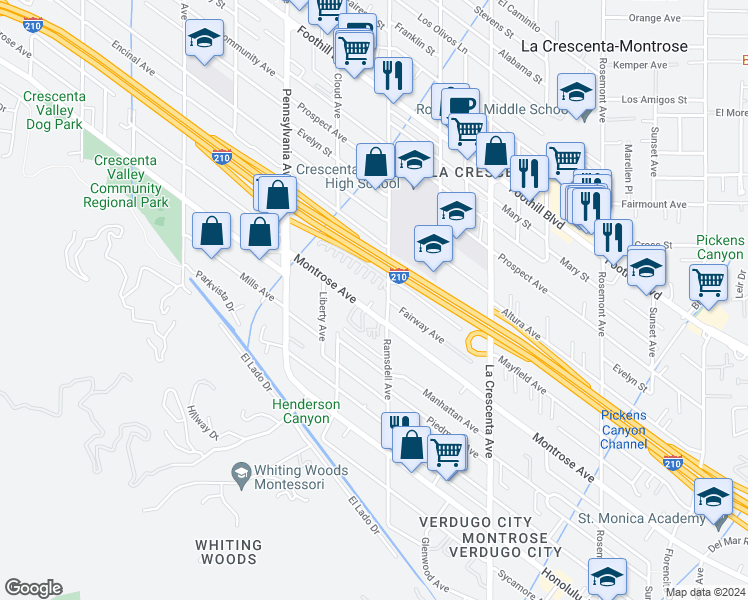 map of restaurants, bars, coffee shops, grocery stores, and more near 3021 Montrose Avenue in Glendale