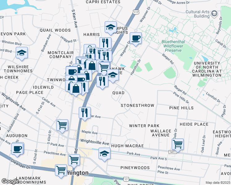 map of restaurants, bars, coffee shops, grocery stores, and more near 555 N MacMillan Ave in Wilmington