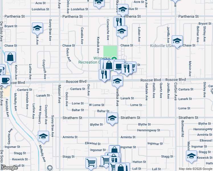 map of restaurants, bars, coffee shops, grocery stores, and more near 20128 Roscoe Boulevard in Los Angeles