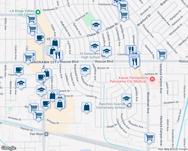 map of restaurants, bars, coffee shops, grocery stores, and more near 8153 Hazeltine Avenue in Los Angeles