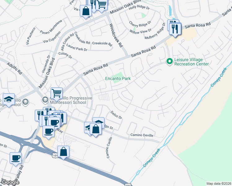map of restaurants, bars, coffee shops, grocery stores, and more near 16180 Village 16 in Camarillo