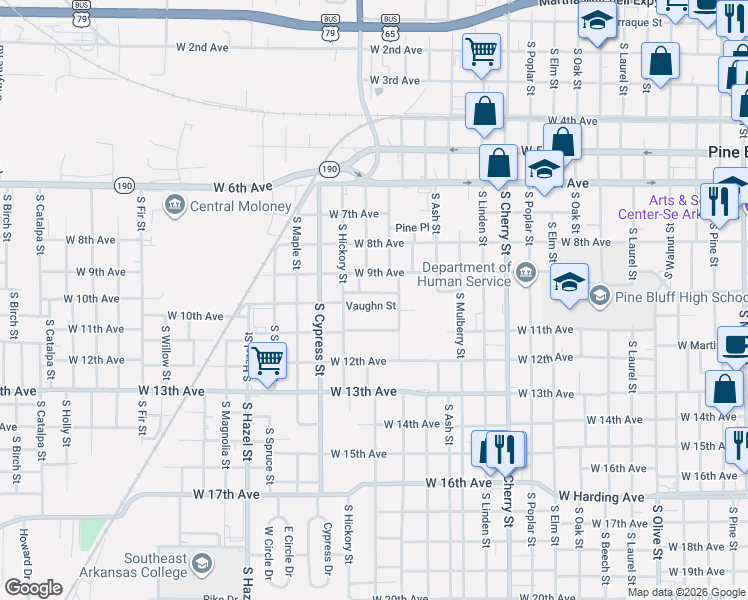 map of restaurants, bars, coffee shops, grocery stores, and more near 1607 Vaughn Street in Pine Bluff