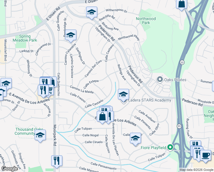 map of restaurants, bars, coffee shops, grocery stores, and more near 1127 Calle Castano in Thousand Oaks