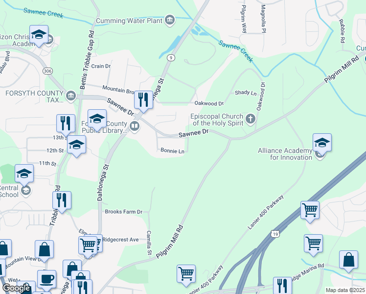 map of restaurants, bars, coffee shops, grocery stores, and more near 114 Bonnie Lane in Cumming