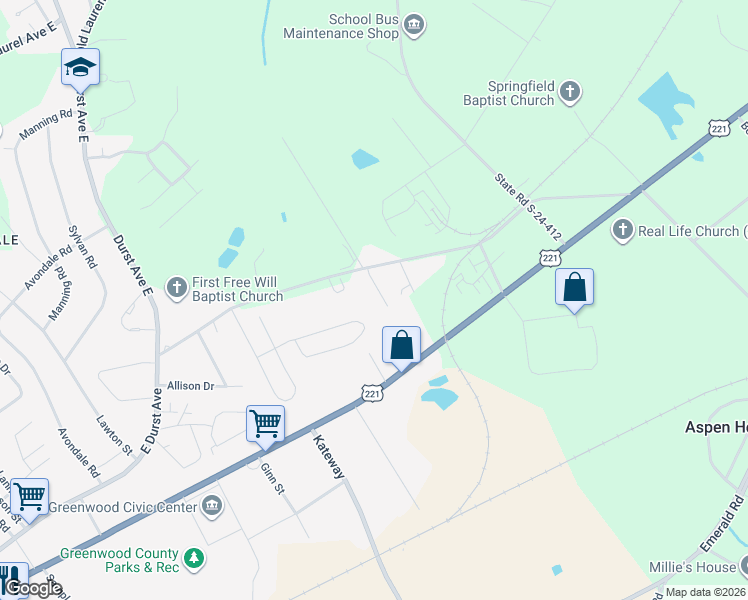 map of restaurants, bars, coffee shops, grocery stores, and more near 108 Melanie Court in Greenwood