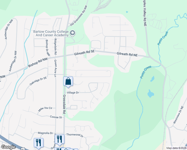 map of restaurants, bars, coffee shops, grocery stores, and more near 119 Evergreen Trail Southeast in Cartersville