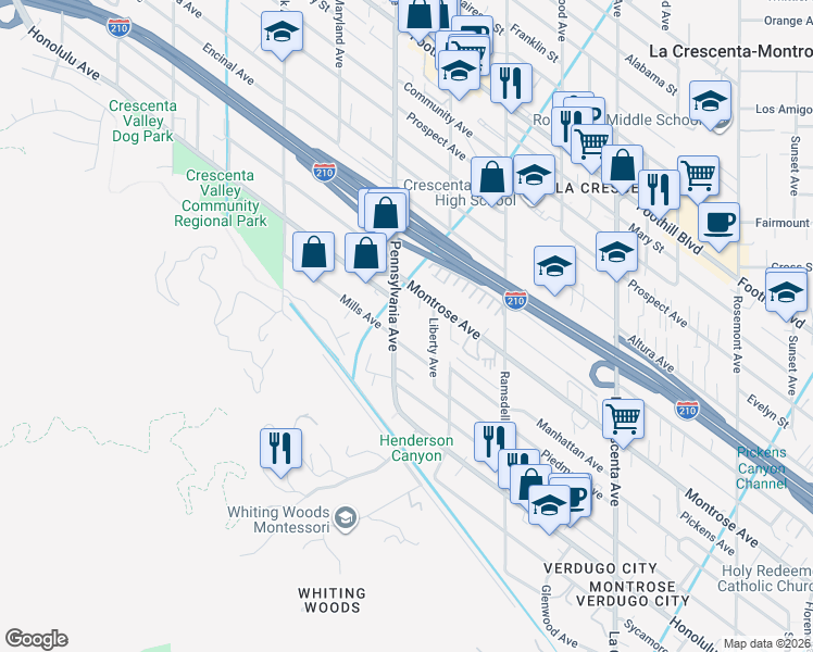 map of restaurants, bars, coffee shops, grocery stores, and more near 3960 Pennsylvania Avenue in Glendale